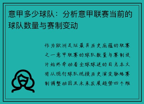 意甲多少球队：分析意甲联赛当前的球队数量与赛制变动