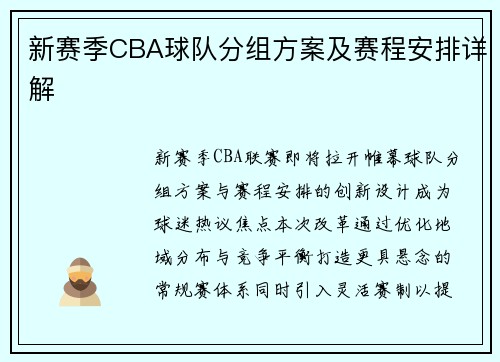 新赛季CBA球队分组方案及赛程安排详解