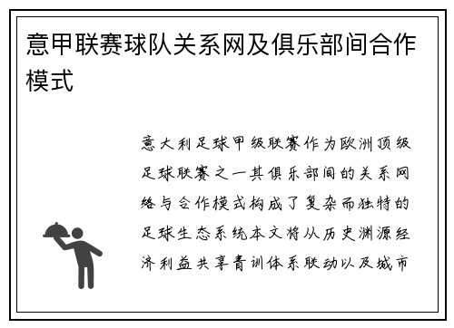 意甲联赛球队关系网及俱乐部间合作模式