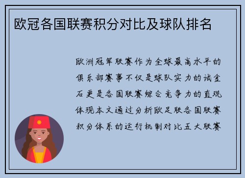 欧冠各国联赛积分对比及球队排名